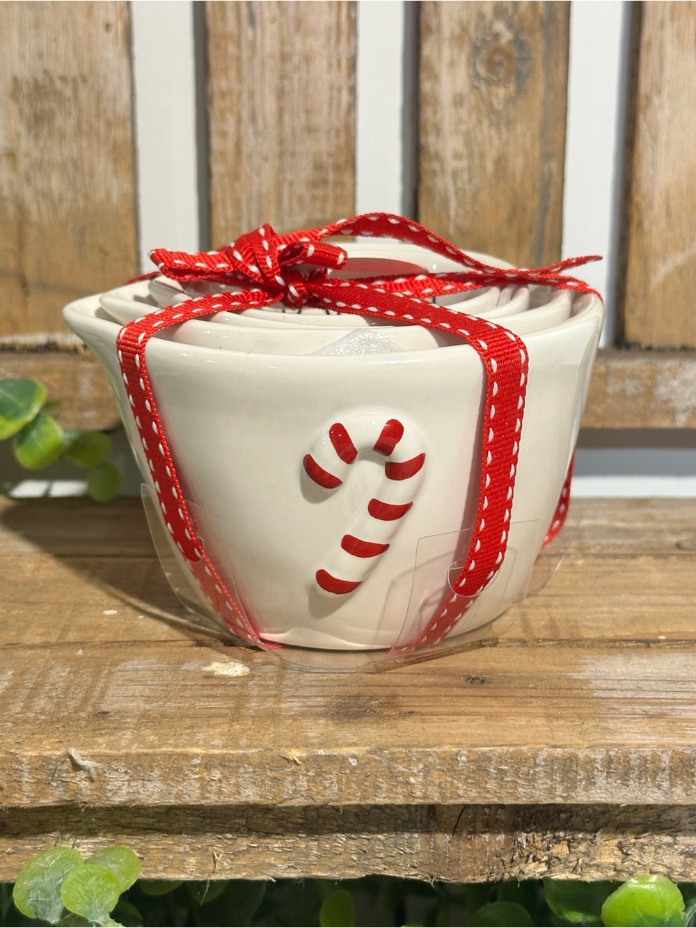 Rae Dunn Holiday Candy Cane Nesting Measuring Cup Set - White and Red